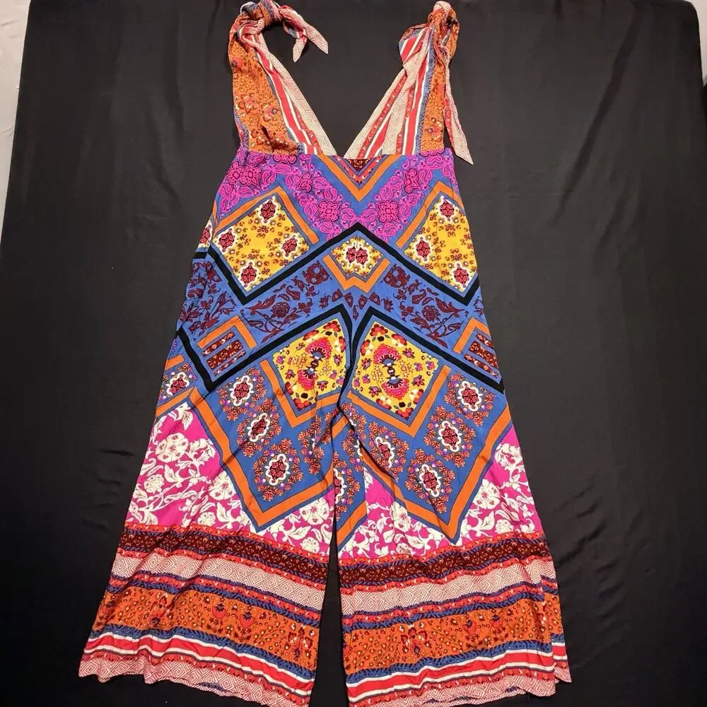 Free People Maritzah Patchwork Palazzo Jumpsuit Size 8